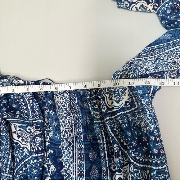 ❣️HP❣️NWT Surf Gypsy Blue White Cold Shoulder Floral Ruffle Mini Dress. Sz: S - Picture 9 of 13